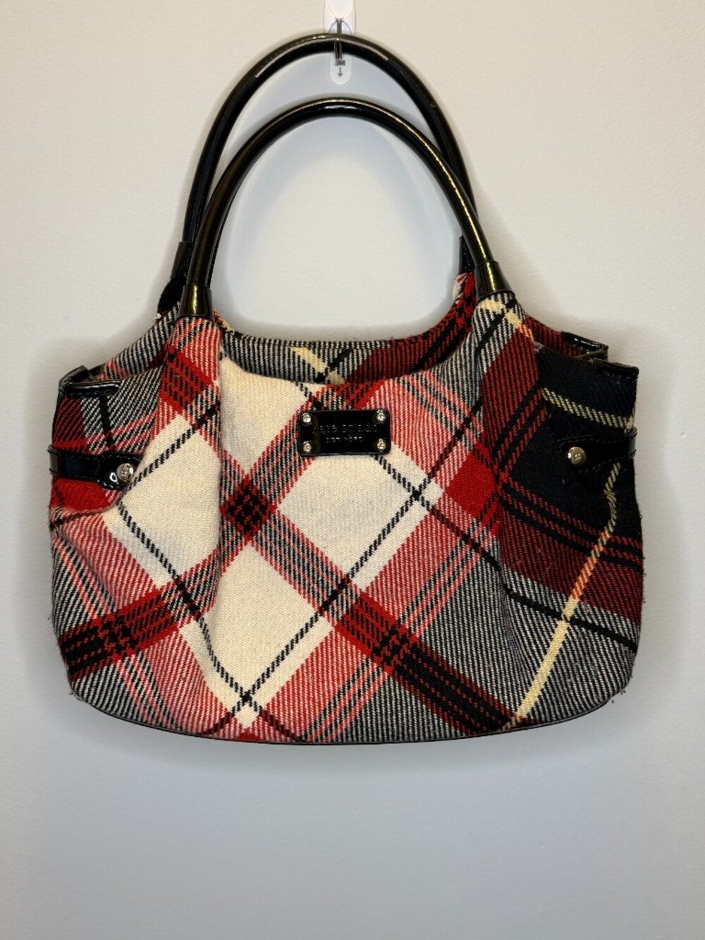 Kate Spade red and black tartan plaid satchel handbag patent leather gold hardwa